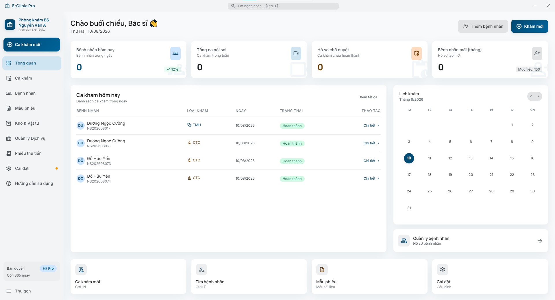 Giao diện phần mềm E-Clinic Pro - Dashboard tổng quan